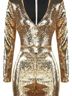 HAODUOYI Gold Sequin Long Sleeve V-Neck Romper